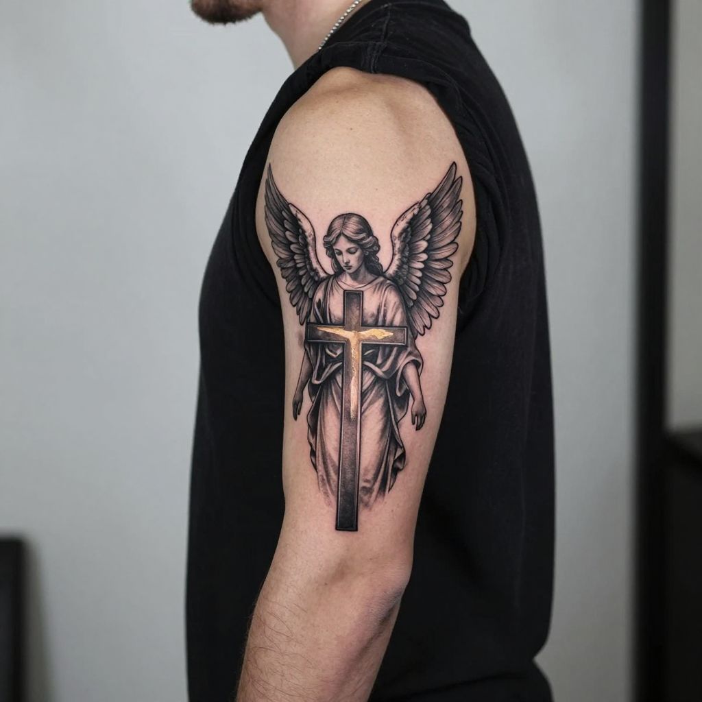 Angel and cross tattoo idea