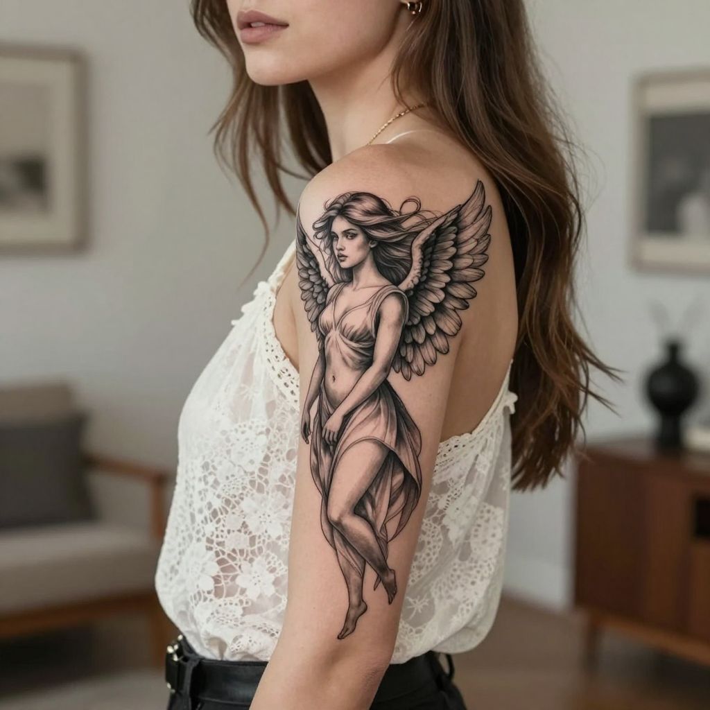 Feminine angel with flowing hair tattoo idea