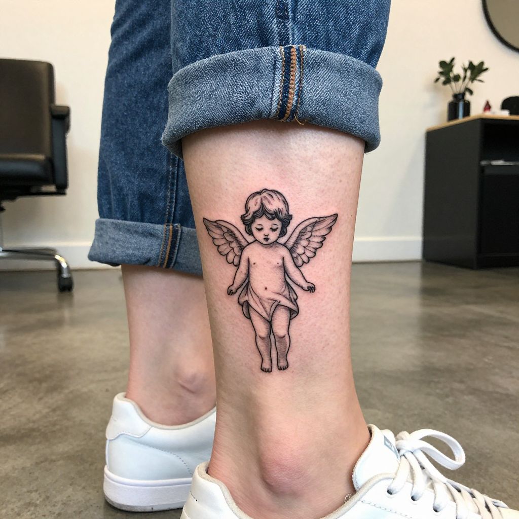 Small ankle angel tattoo idea
