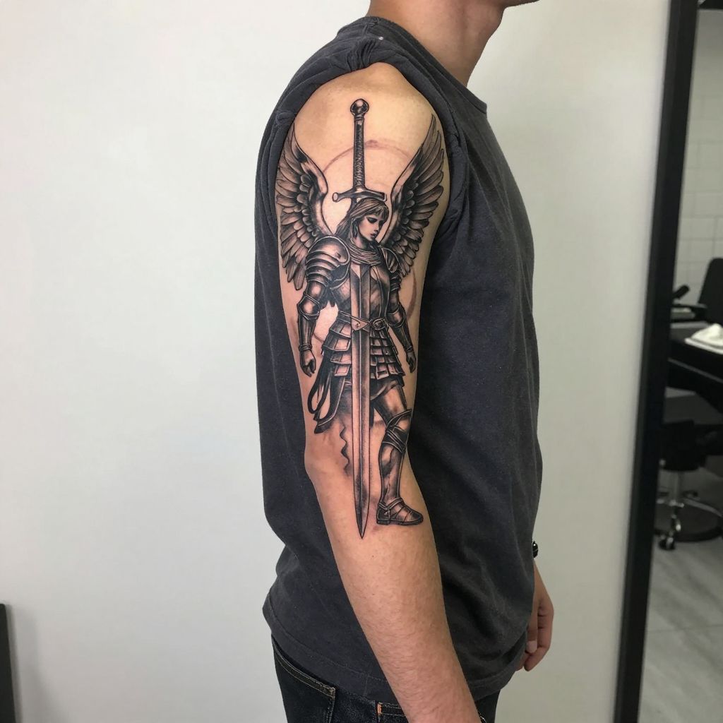 Angel with sword tattoo idea