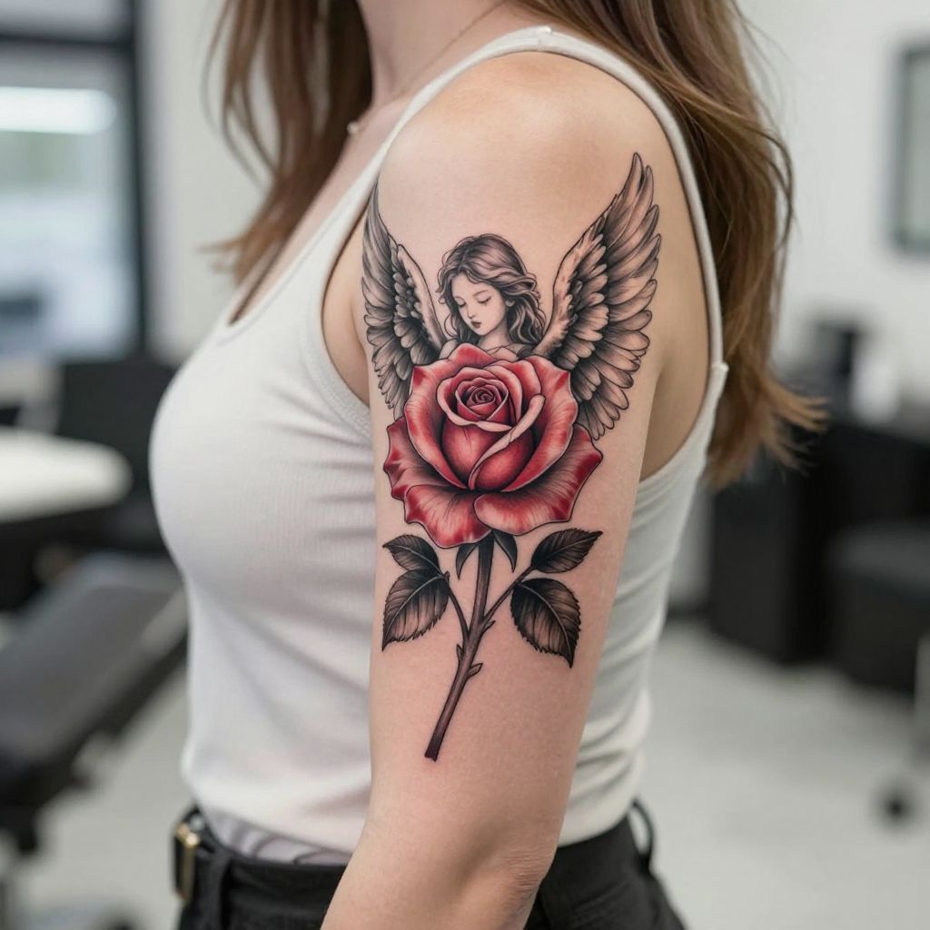 Angel and rose tattoo idea