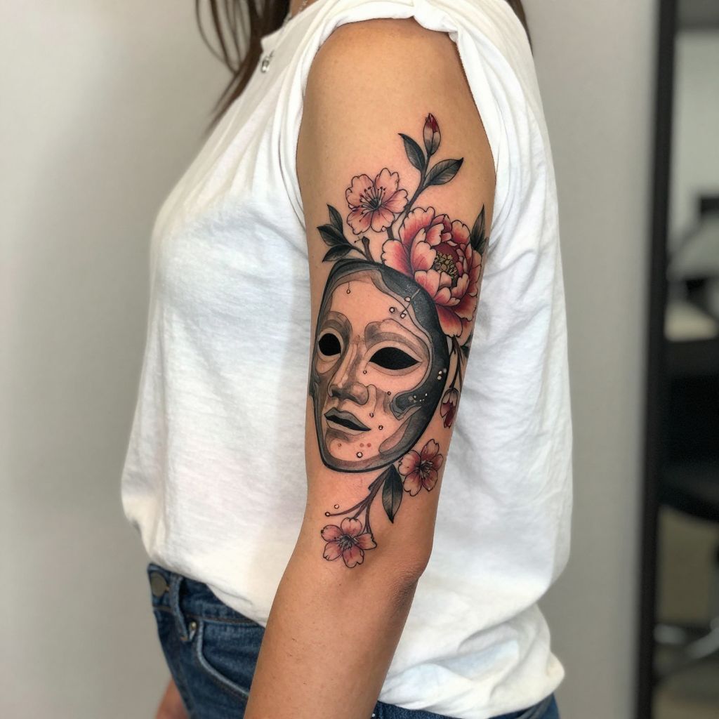 anime tattoo ideas mask and flower duality