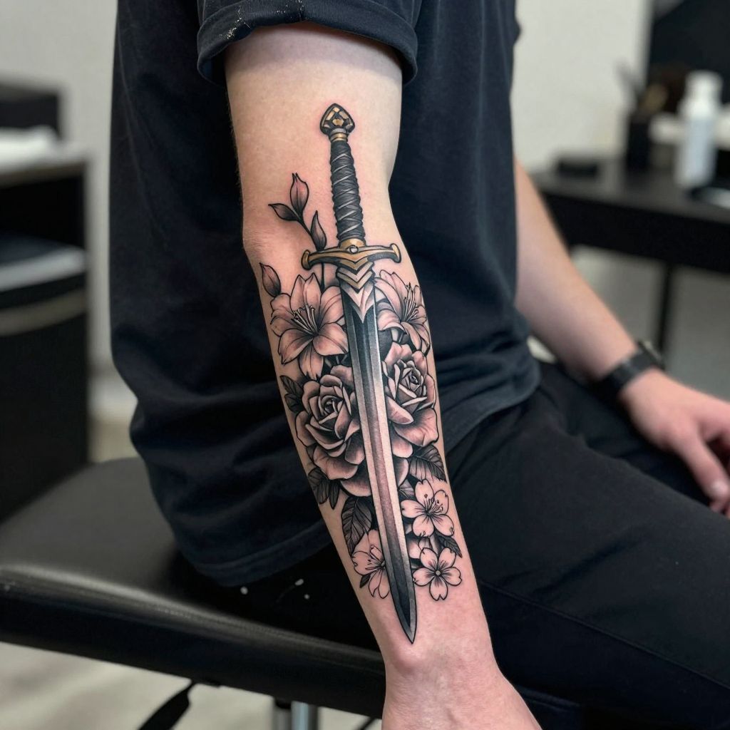 anime tattoo ideas sword and bloom crossover