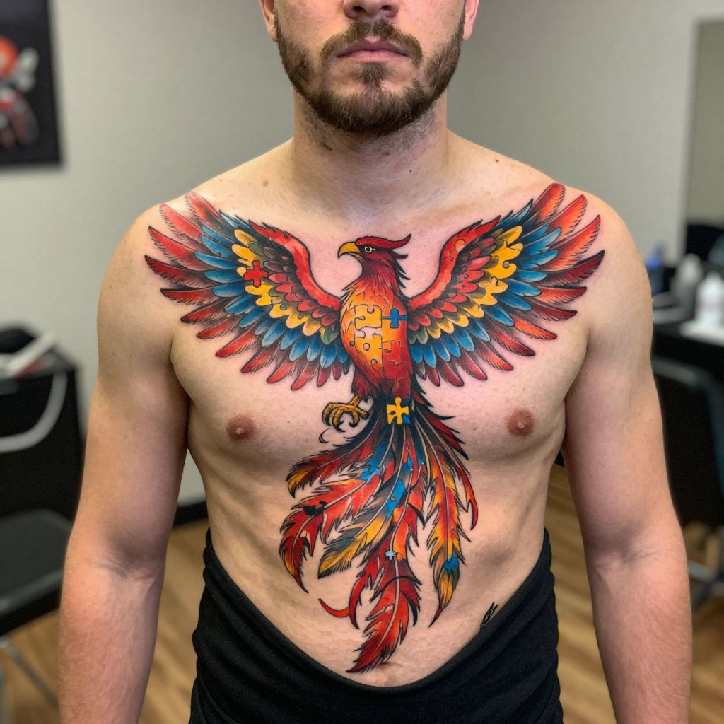 Autism tattoo ideas - Phoenix Rising with Puzzle Feathers