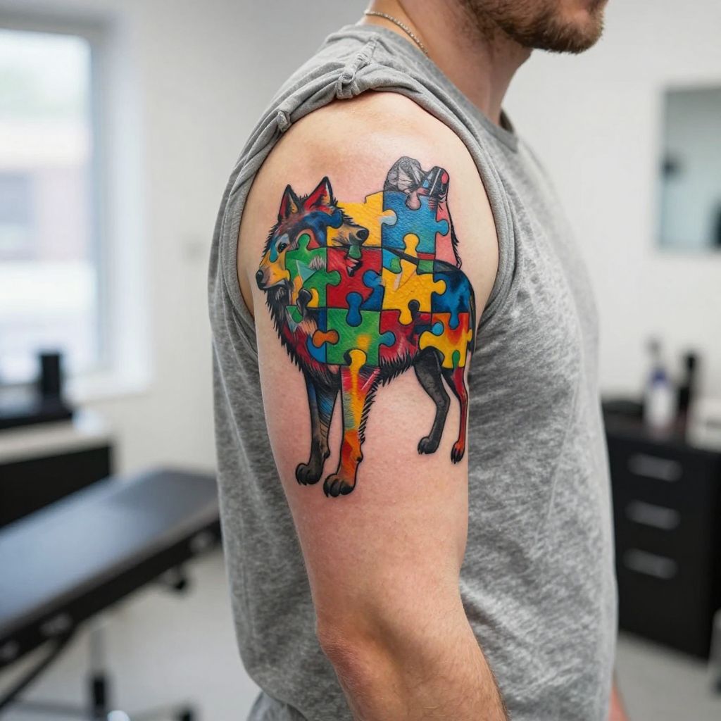 Autism tattoo ideas - Animal Silhouette Filled with Puzzle Pieces