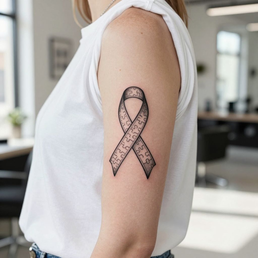 Autism tattoo ideas - Ribbon Loop with Subtle Puzzle Pattern