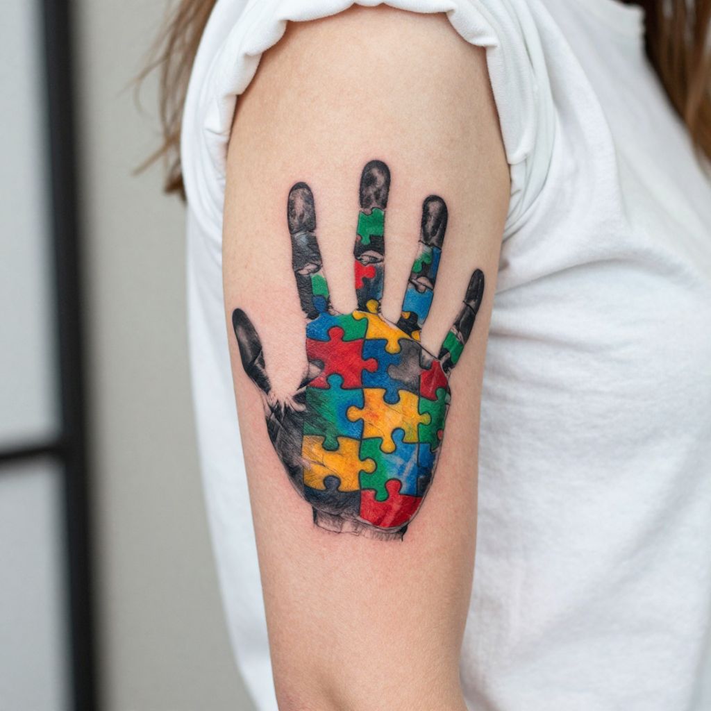 Autism tattoo ideas - Handprint with Puzzle Infill