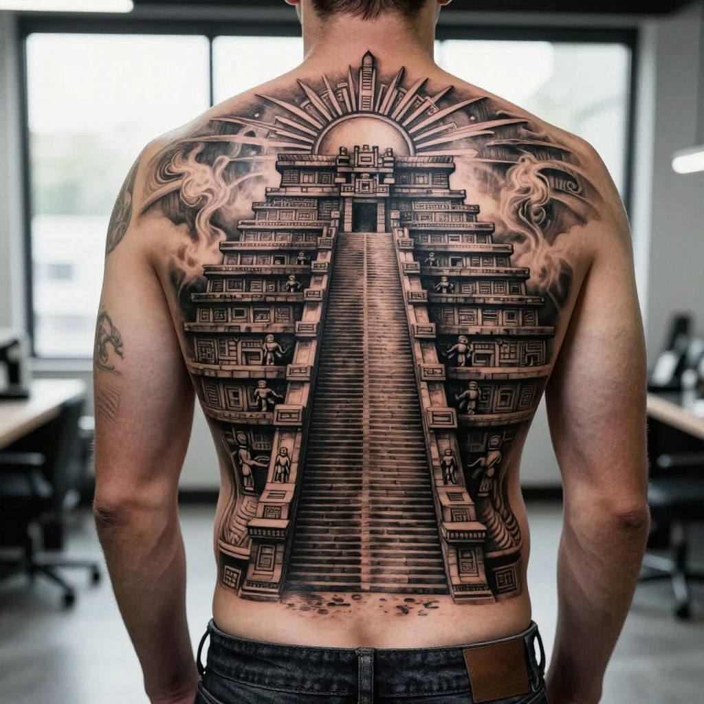 Aztec Temple Scene Tattoo