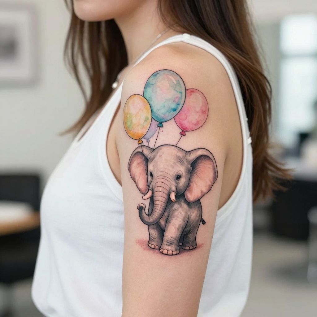 Baby Elephant with Balloons Tattoo