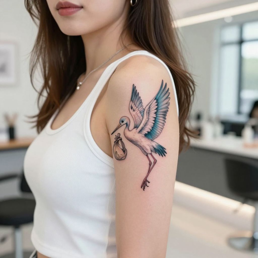 Whimsical Stork Carrying Bundle Tattoo
