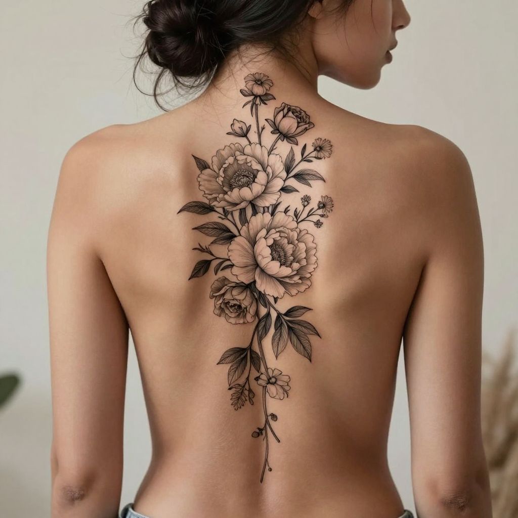 Floral Spine Cascade back tattoo idea