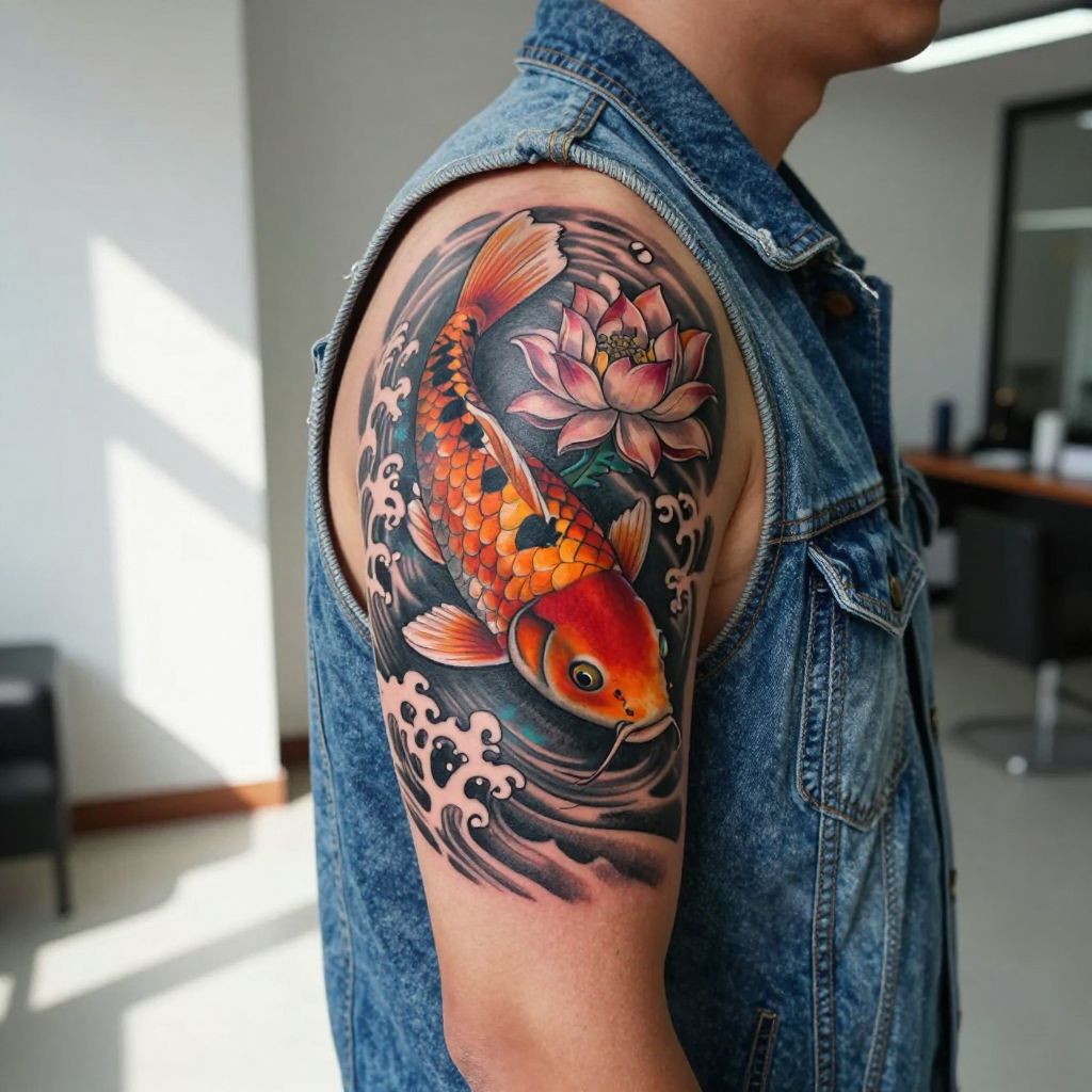 Koi Fish Water Scene back tattoo idea