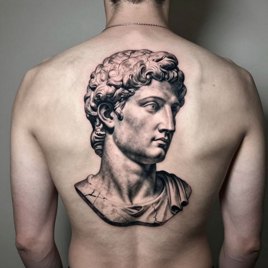 Roman Statue Back Portrait tattoo idea