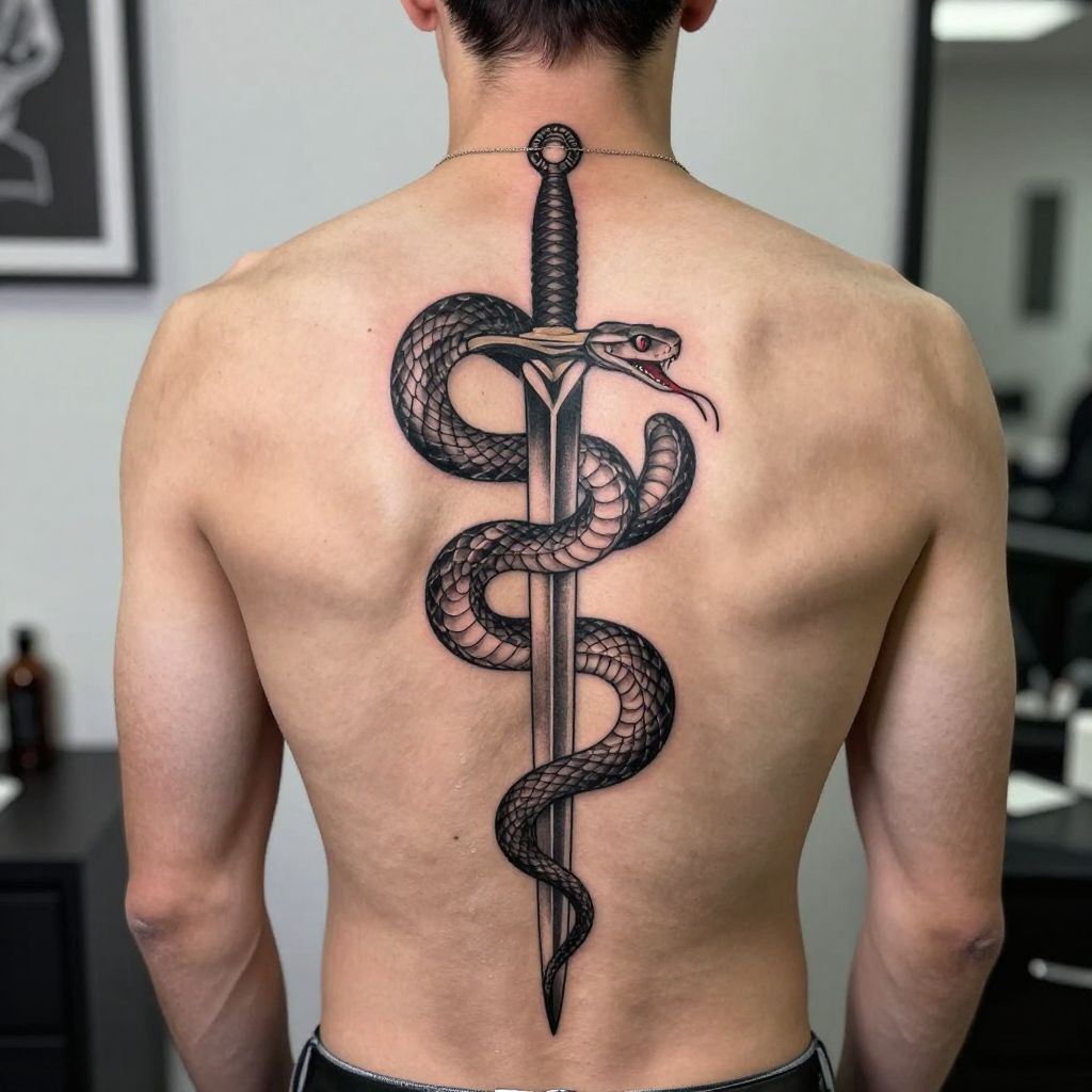 Snake Wrapped Around Sword back tattoo idea
