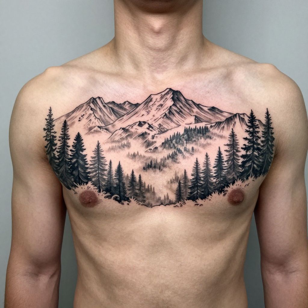 Mountain and Forest Landscape back tattoo idea