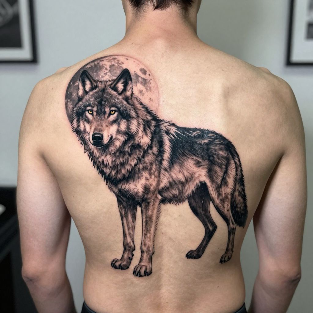 Wolf and Moon Composition back tattoo idea