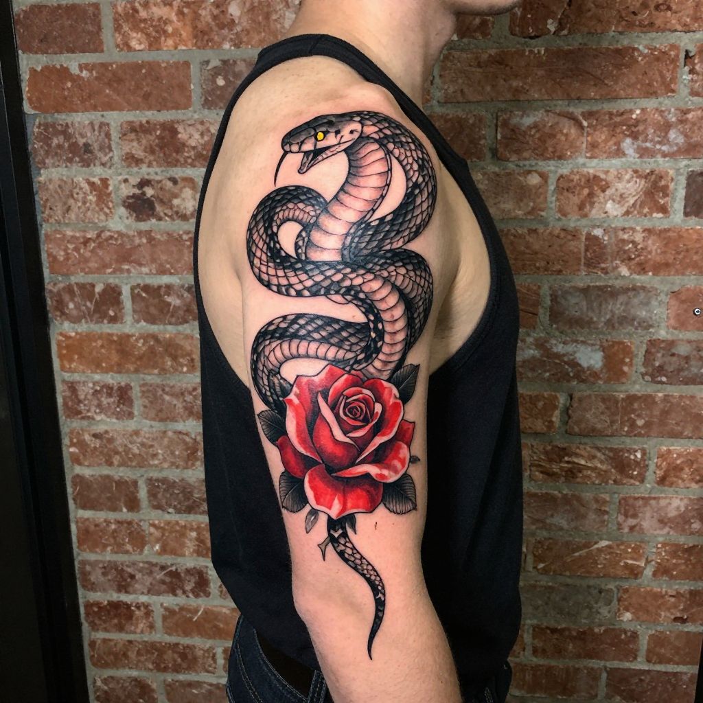 Serpent and Rose Flow back tattoo idea