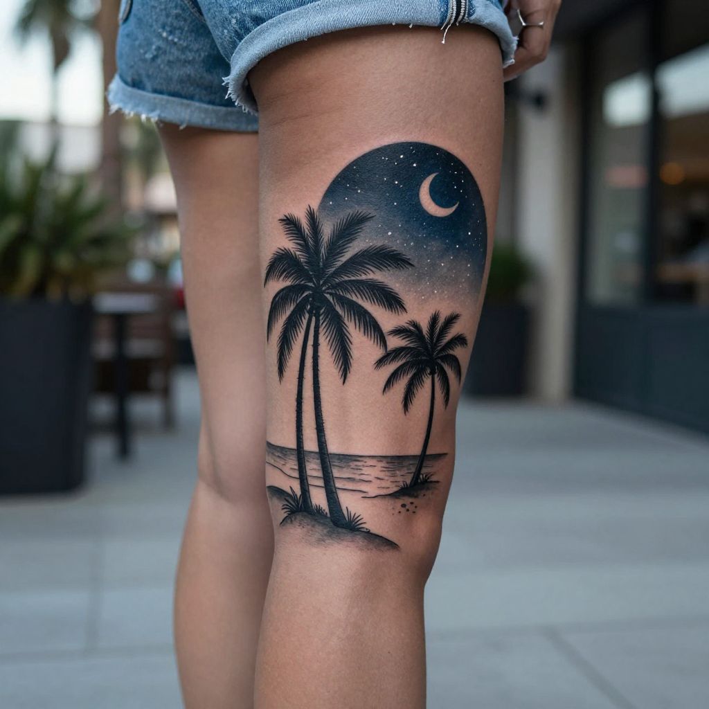 Starry Night Beach Scene Calf Tattoo