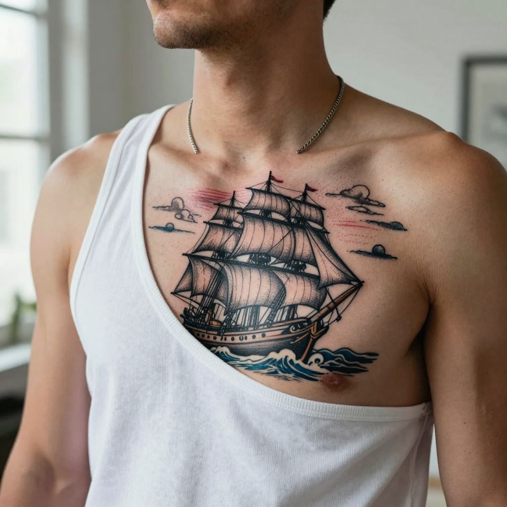 Vintage Sailor Ship Chest Tattoo