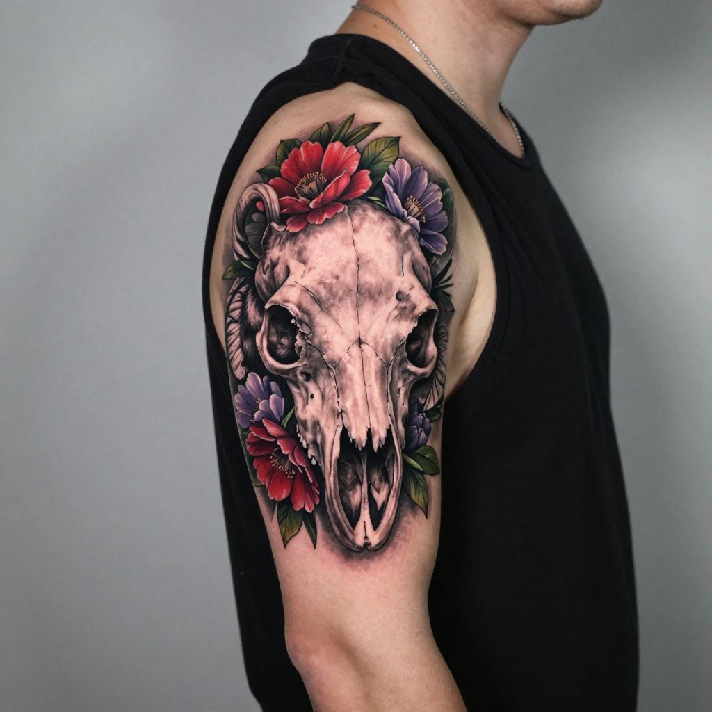 Bear Skull with Flowers