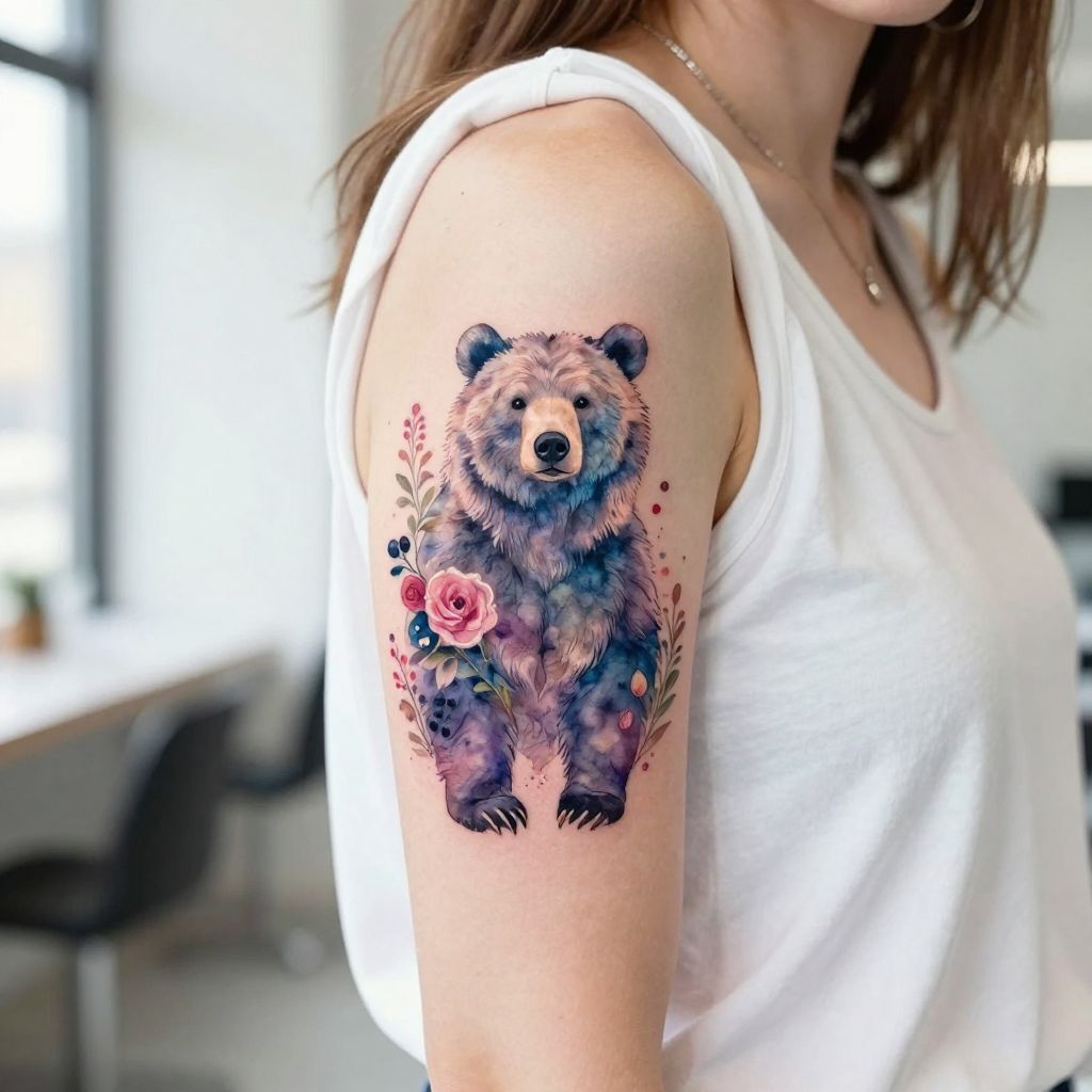 Watercolor Bear with Floral Elements