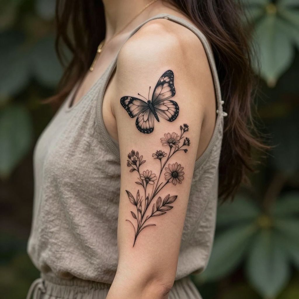 Butterfly With Wildflowers tattoo idea