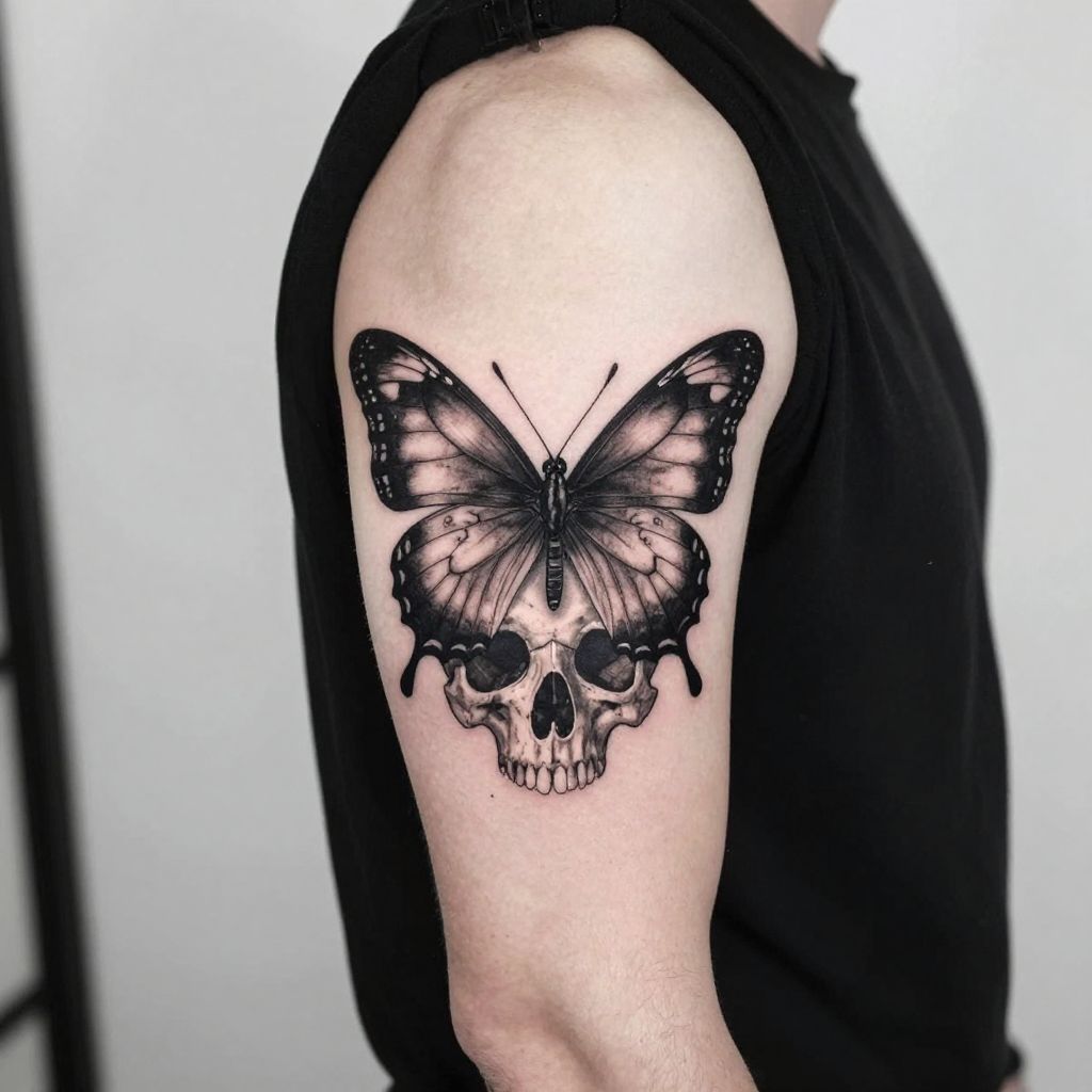 Butterfly And Skull Contrast tattoo idea