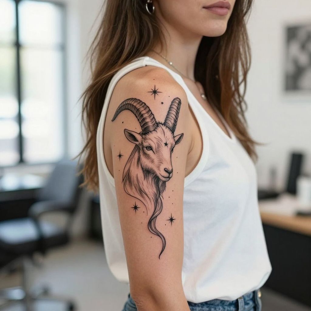 Capricorn Horns and Stars Line Art