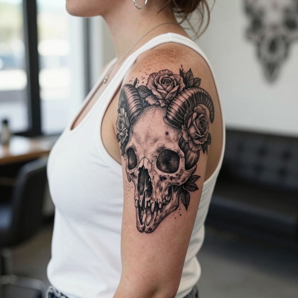 Capricorn Skull with Floral Crown