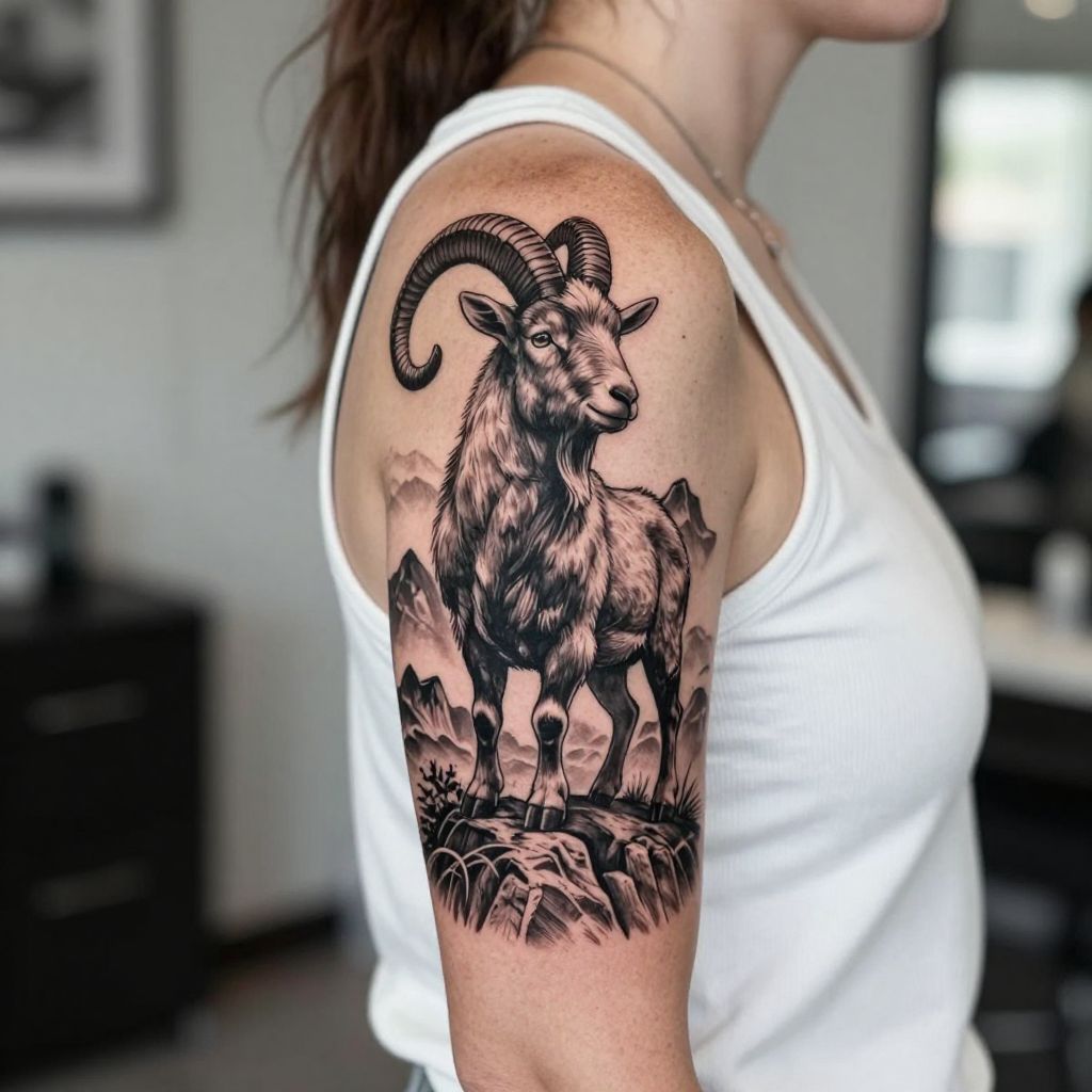 Capricorn and Mountains Scene