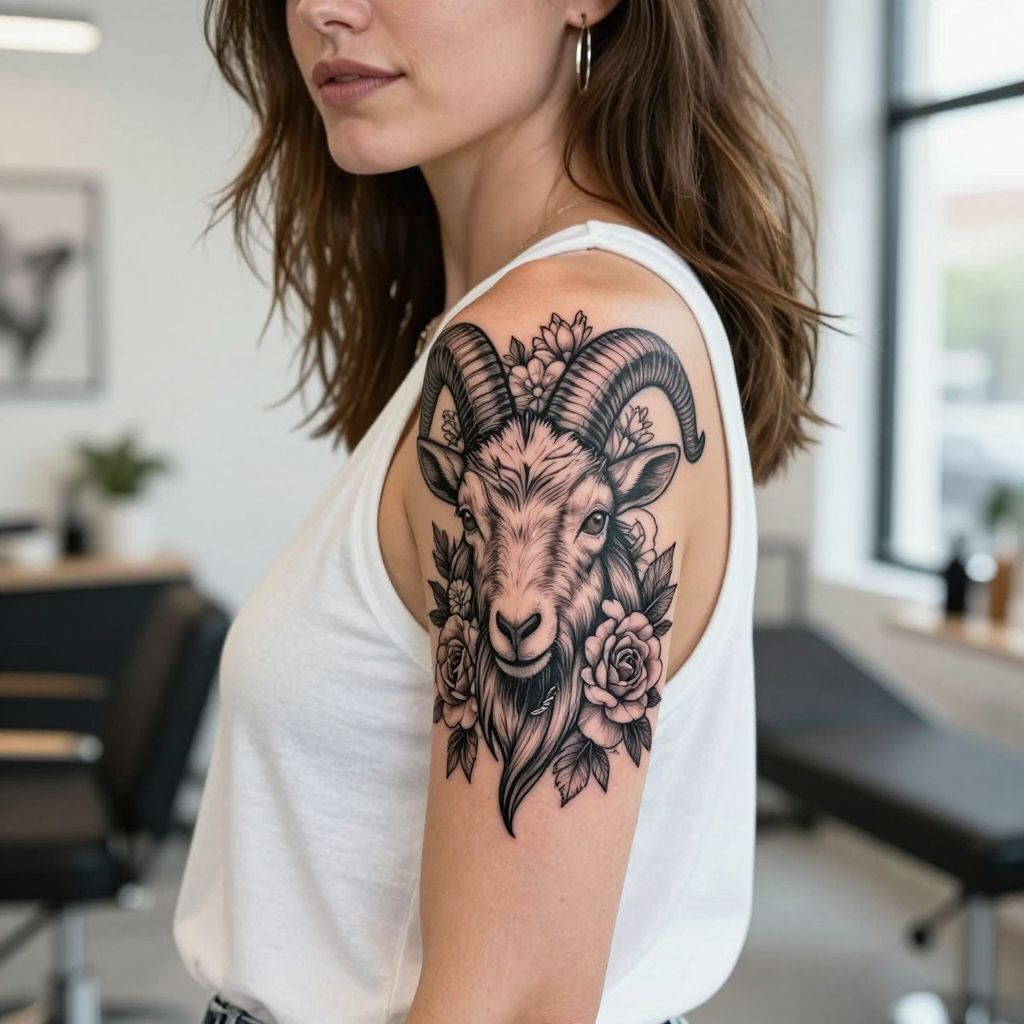 Capricorn Goat Head with Floral Accents