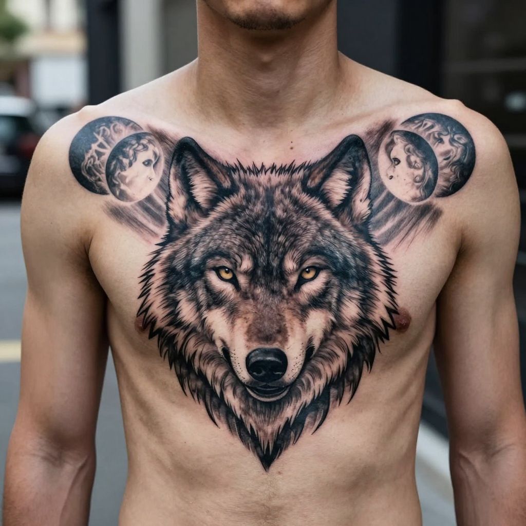 Wolf head with moon accents