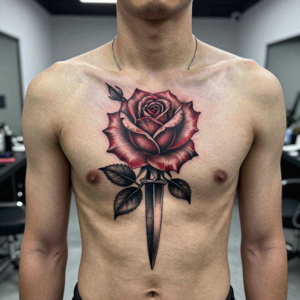 Rose and dagger split across the chest