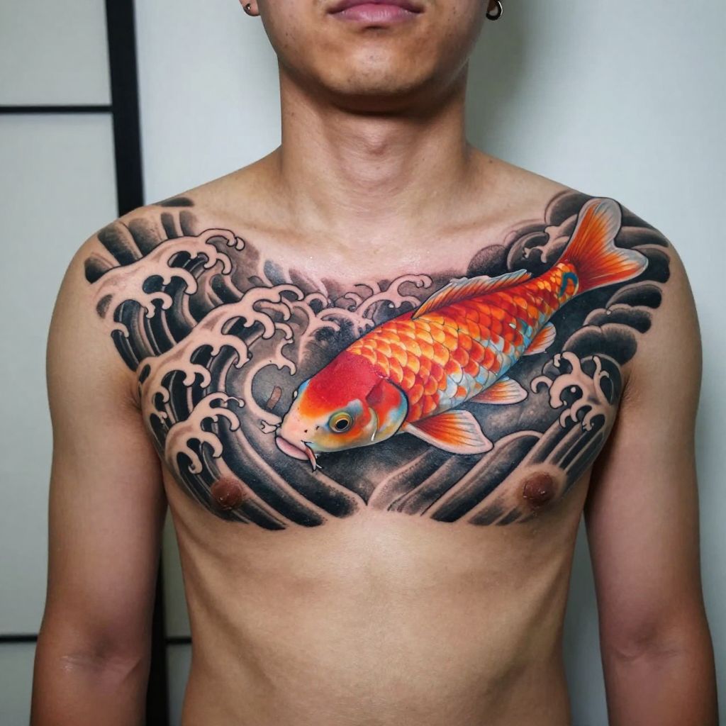 Japanese koi and waves
