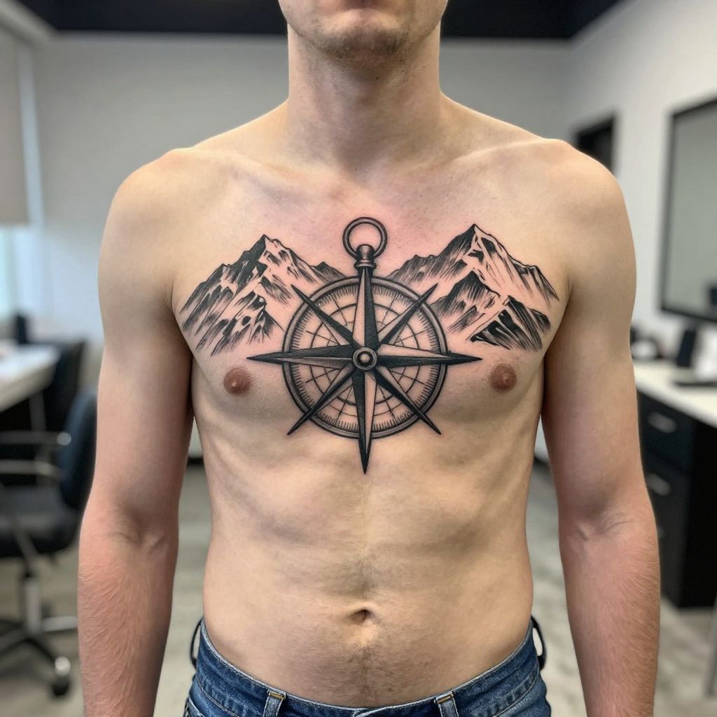 Compass with mountain backdrop