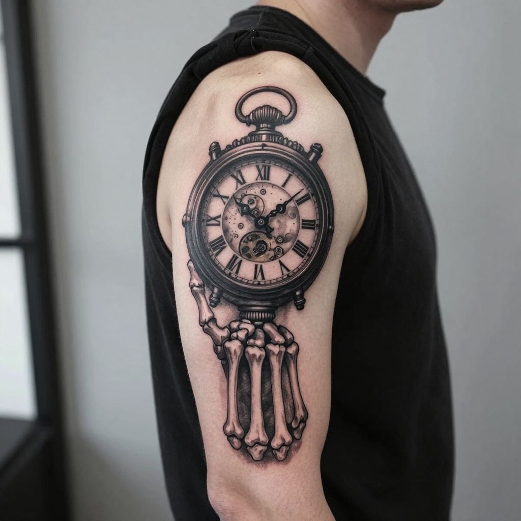 Skeleton Hand Holding a Clock