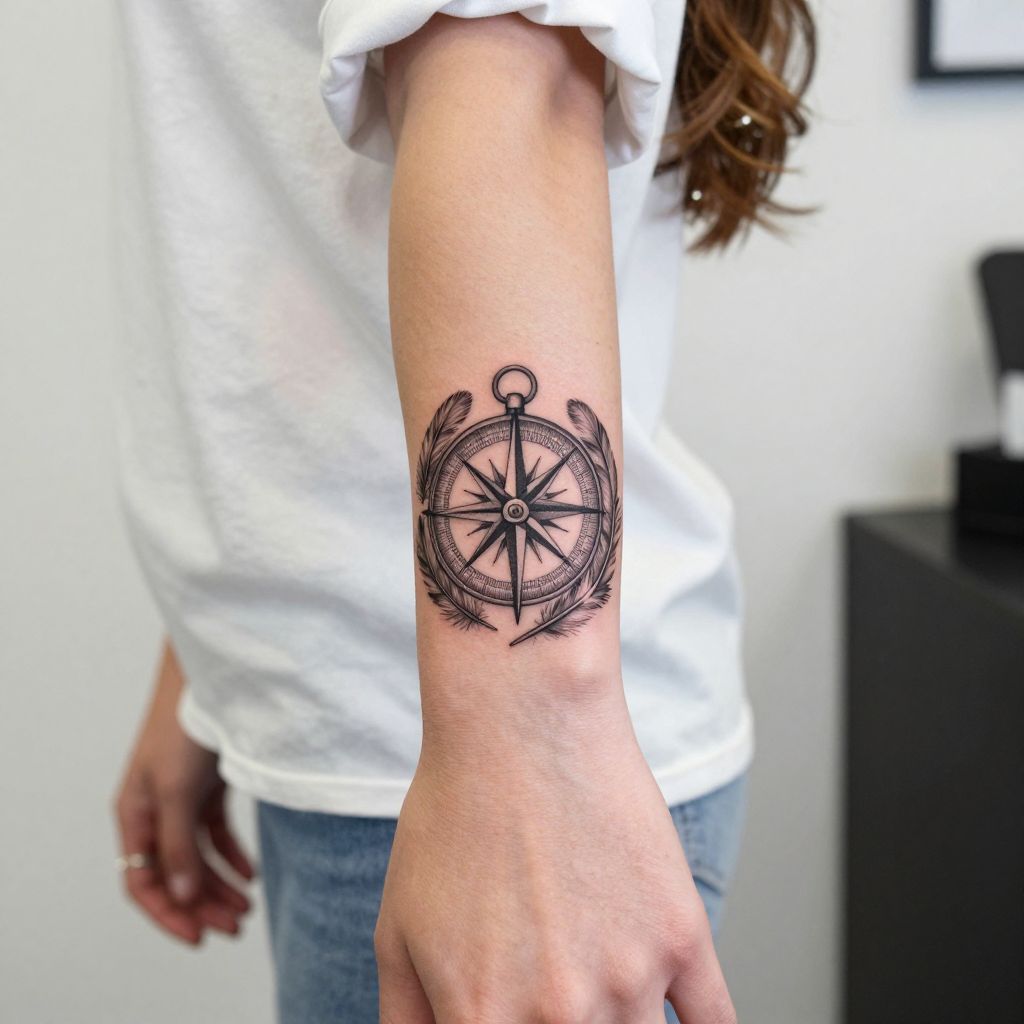 Compass with Feather Accents tattoo