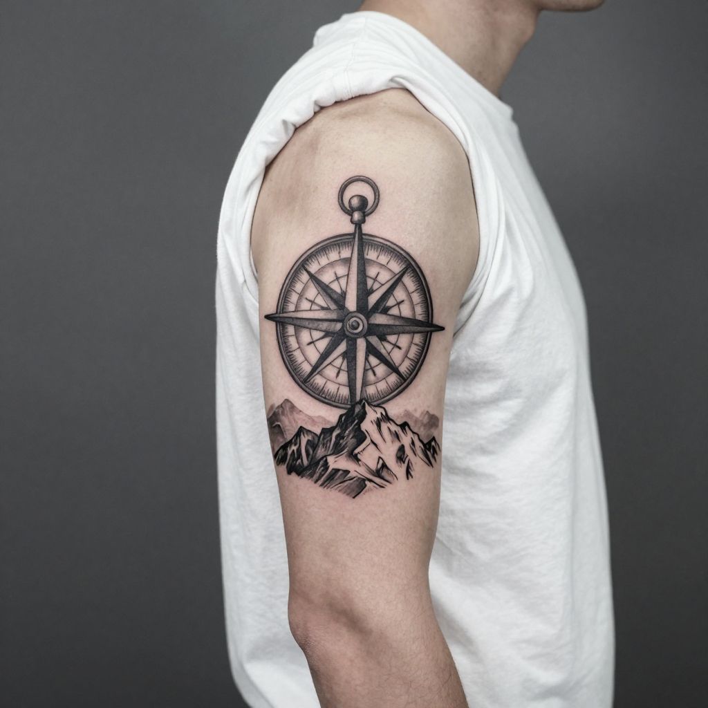 Compass and Mountain Range Combo tattoo