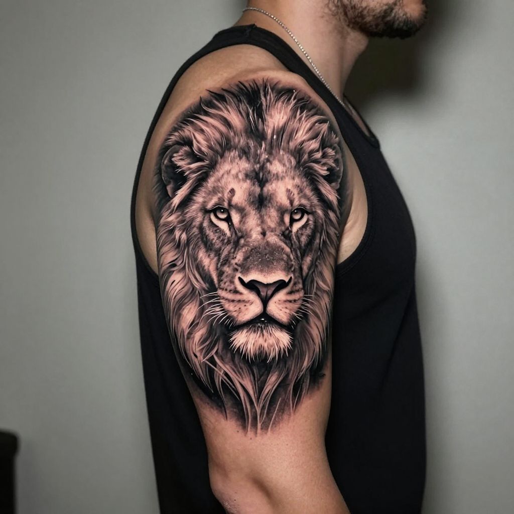 Realistic Lion Head Tattoo