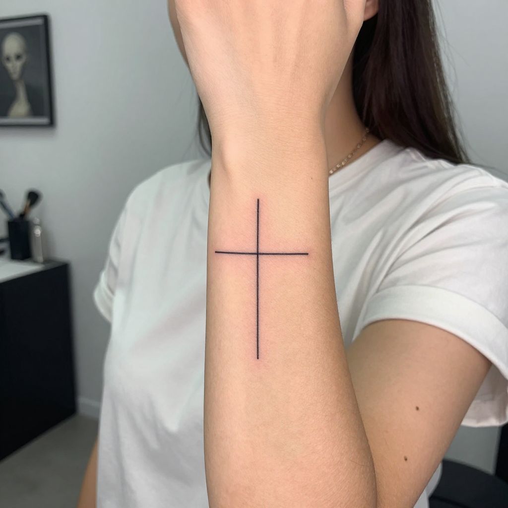 Minimal Fine Line Cross tattoo idea
