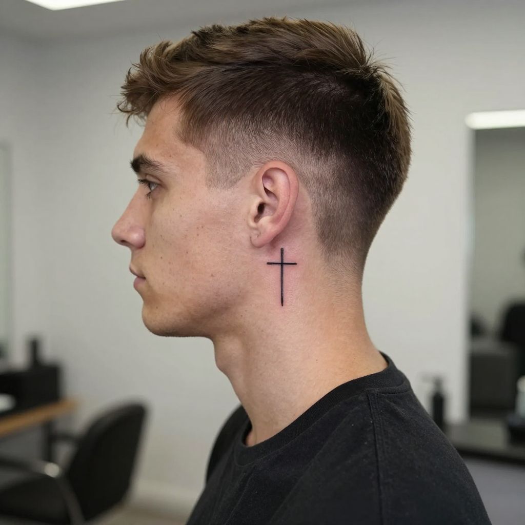 Tiny Cross Behind the Ear tattoo idea