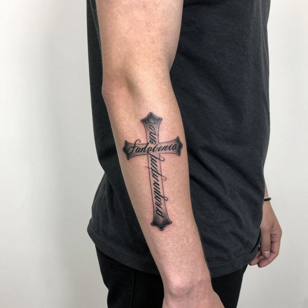 Cross With Script tattoo idea
