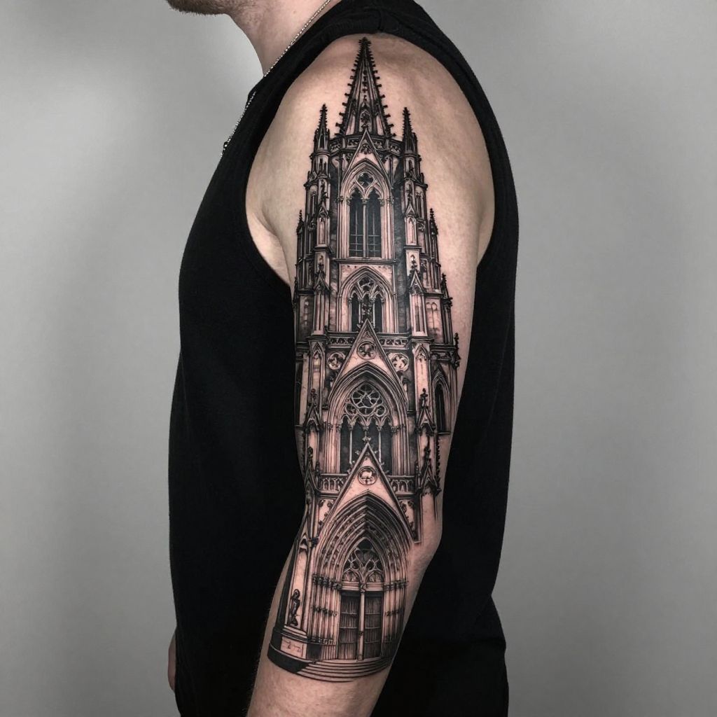 Blackwork Gothic Cathedral tattoo idea