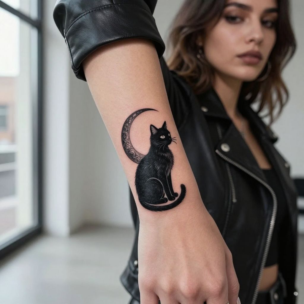 Black Cat Silhouette with Crescent tattoo idea