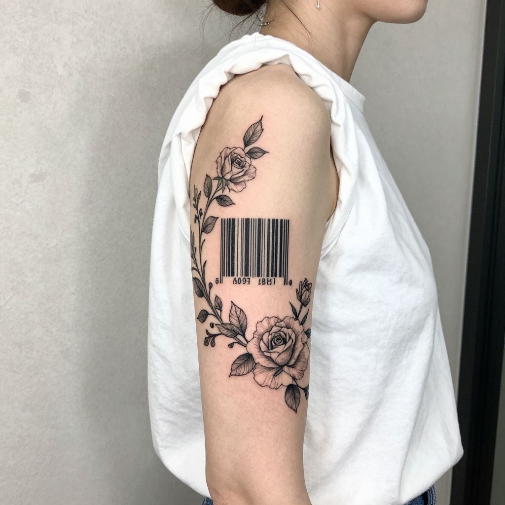 Barcode with Floral Elements Tattoo