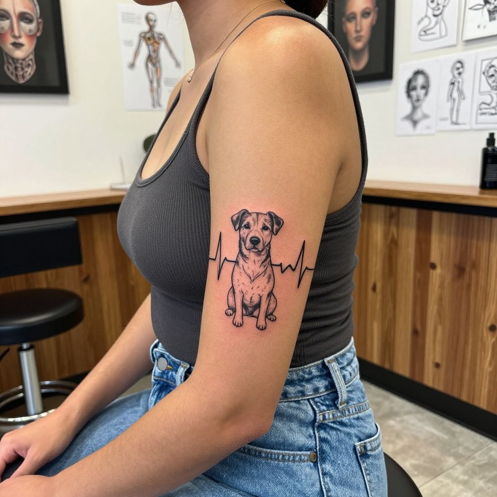 Dog And Heartbeat Line Tattoo