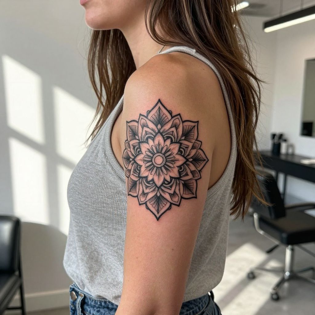Mandala elbow flower tattoo idea