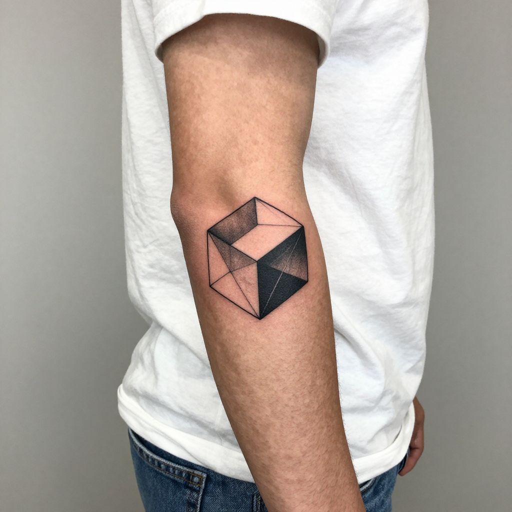 Geometric cube elbow tattoo idea