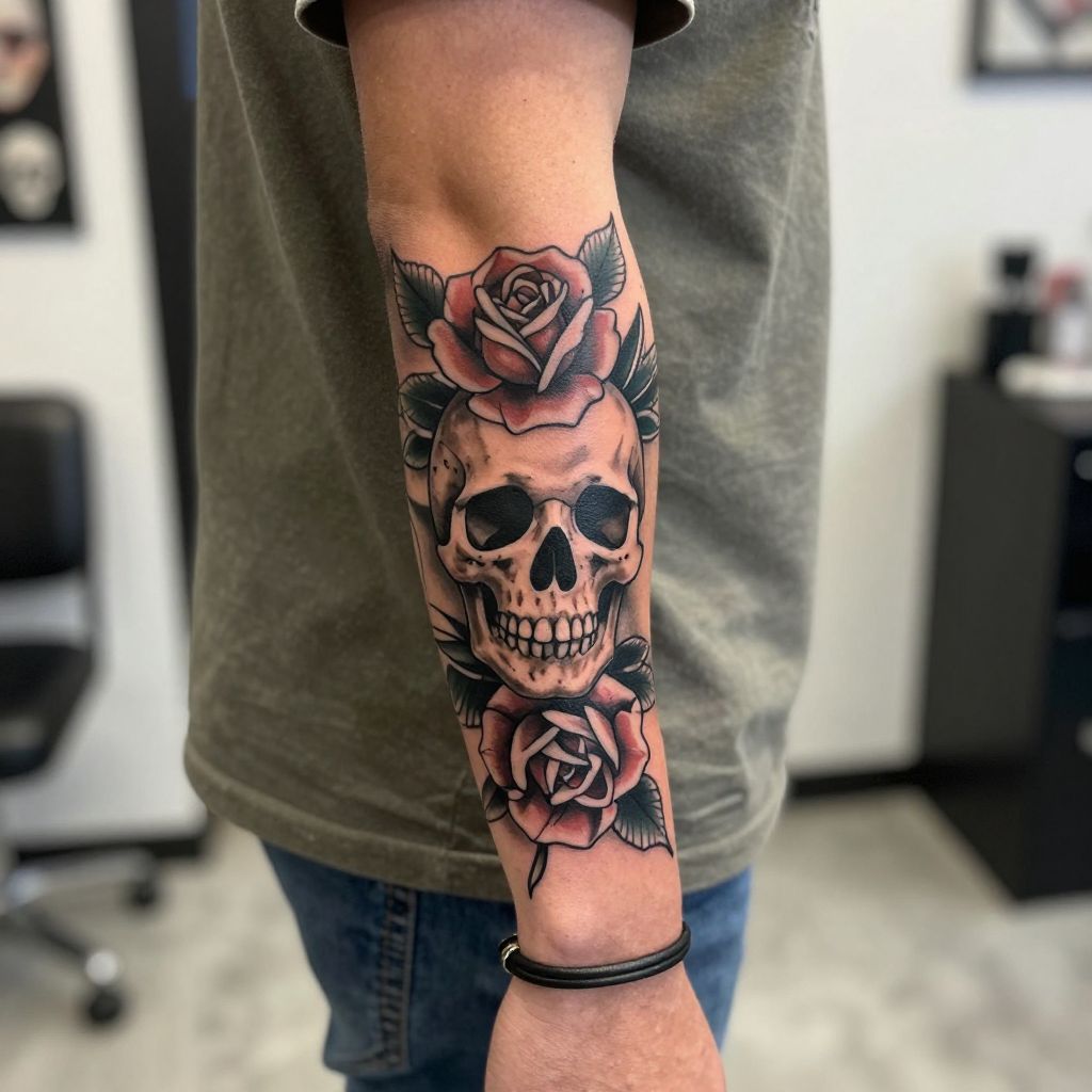 Skull and roses elbow tattoo idea