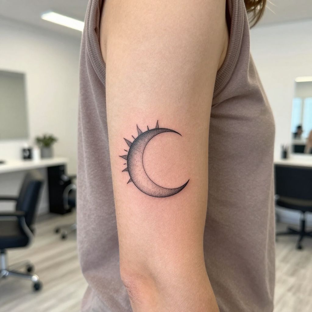 Minimal dotwork sun and moon elbow tattoo idea